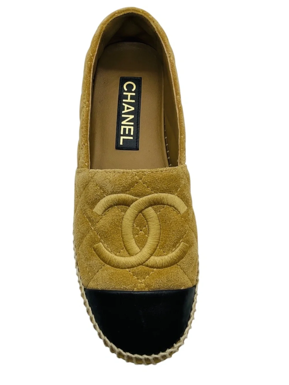 CHANEL TAN / BLACK LEATHER CAP TOE CC LOGO EMBOSSED QUILTED SUEDE ESPADRILLE FLA